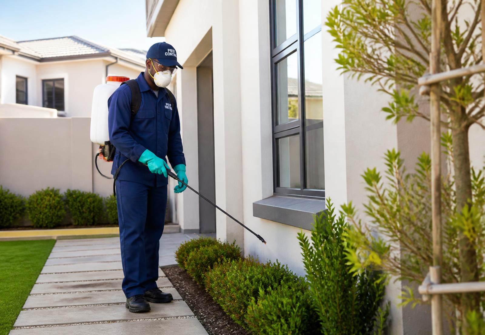 Pest Bait Services technician treating the outside of a home in Midrand